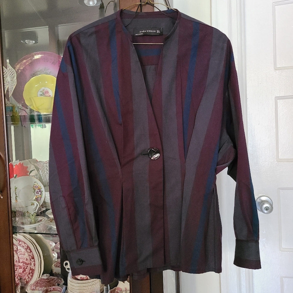 Zara Women's 100% Cotton Striped Long Sleeve Single Button Casual Blazer Large